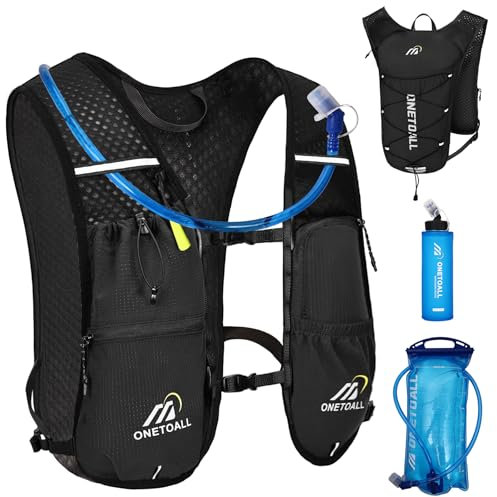 ONETOALL Running Vest Women with Water Bottle 500ml & Bladder 2L, 6L Reflective Hydration Backpack Mens, Lightweight 150g for Trailrunning Hiking Marathon, Black with Soft Flask and Water Bladder