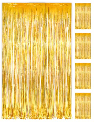 PVEGOS 4PCs 3.3 x 8.3 ft Laser Gold Glitter Tinsel Curtains Foil Curtain Backdrop.Laser Luminescent Particles Foil Fun Fringe Streamers for Party Birthday Decoration,Engagement,School Events