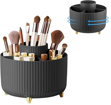 Lacusmall 360°Rotating Makeup Organiser Make Up Brush Holder, Makeup Organiser Rotating with 5 Compartments for Dressing Table Bedroom Bathroom Office, Black