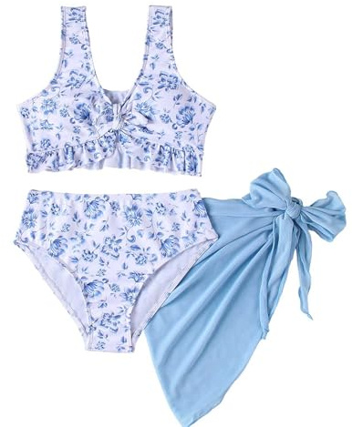 Generisch 2025 Badeanzug Mädchen Bikini Badebekleidung 3-teiliges Bikini-Set für Mädchen mit Blumendruck und Netzstoff-Überzug Badeanzug für große Kinder den Sommerstrand Bad Anzug (Blue 11-12 Years)
