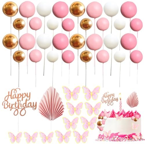 54 Stück Tortendeko Kugeln Cake Topper, XingyLi Rosa goldene Mini-Ballons Tortenaufleger with Palme, Schmetterling und Happy Birthday Kucheneinsatz, Kuchen Deko Kugeln für Geburtstag Hochzeit