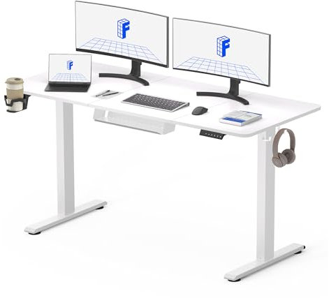 FLEXISPOT Bureau Assis Debout 140x60cm, avec Crochet, Porte-Gobelet et Étagère, Fonction Mémoire 4 Hauteurs,pour Bureau, Télétravail, Blanc