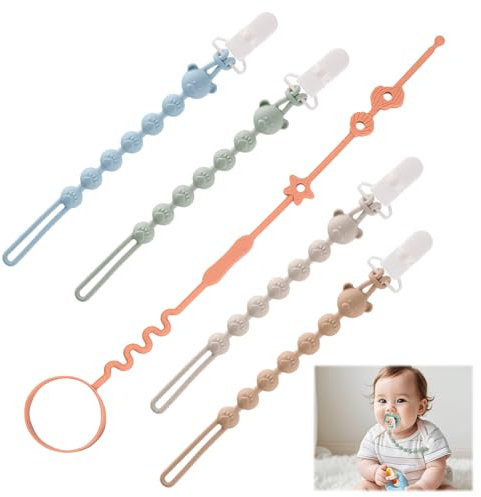 5 PCS Schnullerkette Silikon, Bibs Schnullerkette, Baby Cup Catch mit Verstellbarem SchnullerClip, Kinderwagenkette für Kinderwagen Zubehör, Hochstühle, Baby Flaschen