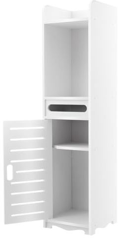 Mqwdxzfes Badezimmer Schrank, Schmaler Badschrank mit Klopapierhalter, Schlafzimmer Schrank Badregal Hochschrank Mehrstufen Badezimmerschrank für Shampoo/Handtücher, 20x20x80 cm, Weiß