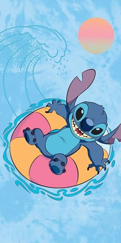Halantex STITCH im Meer mit Schwimmring - von Disney Lilo und Stitch Duschtuch Strandtuch Badetuch Beach Towel - 100% Baumwolle - Abmessungen 70 x 140 cm - mehrfarbig