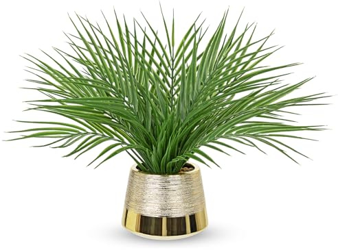 Hollyone Palme Künstlich Klein, Künstliche Pflanzen im Gold Topf, 38cm Kunstpflanzen Wie Echt, Künstliche Zimmerpflanzen für Haus Wohnzimmer Küche Tischdekoration