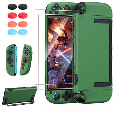 FYOUNG Dockable Hülle für Switch 2 mit 2 Schutzfolie, 8 Kappen (Grün) | Abnehmbares Hartschalenhülle für Joy Con 2, Kratzfest & Stoßfest PC Schutzhülle für Switch 2 Zubehör mit 2 Displayschutzfolie