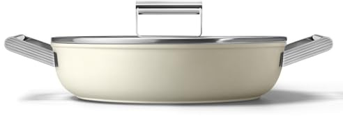 Smeg, Tegame Antiaderente DPF2812CRM, Diametro 28 cm, Rivestimento Ceramico senza PFAS, Maniglie in Acciaio Inox, per Tutti i Piani Cottura, fino a 250° in Forno, Capacità 4,3 L, Panna Opaco