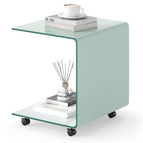 Multigot Tempered Glass Side Table, Modern C-Shaped End Table with 2-Tier Storage Shelf and 4 Lockable Universal Wheels, Rolling Sofa Tables Nightstand for Living Room Bedroom Office (White)