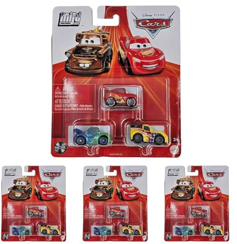 Disney Pixar Cars - Mini-Racers 3er-Pack Sortiment (Verschiedene Modelle, zufälliges Set), kompakt, authentisch, Spielzeug ab 3 Jahren, GKG01 (Packung mit 4)