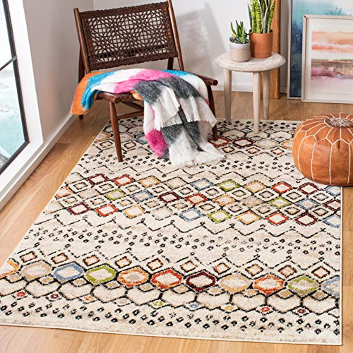 SAFAVIEH Boho Teppich für Wohnzimmer, Esszimmer, Schlafzimmer - Amsterdam Collection, Kurzer Flor, Elfenbein und Multi, 122 X 183 cm