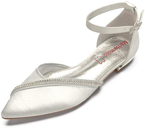 MarHermoso Women's Satin Ankle Strap Cross Strap Side Diamante Pointed Pumps 7 UK Ivory White