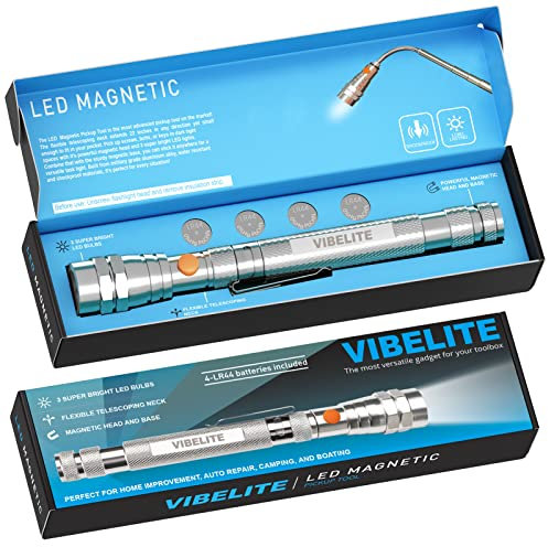 VIBELITE Extendable Magnetic Flashlight with Telescoping Magnet Pickup Tool-Cool Gadget Gifts for Him, Husband, Men, Dad, Father, Mechanic,Tech, Handyman, Boyfriend, Women, Silve