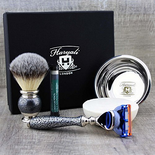 Herrenrasierset mit synthetischer Haarbürste & rasierer, Edelstahlschale & Haryali London Premium-Seife + kostenloser ALUM-STICK. Silberne antike Herrenkollektion.
