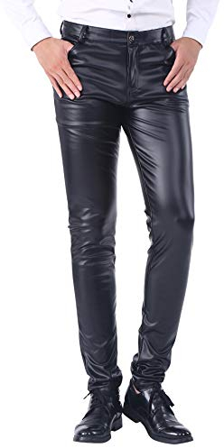 DUOLUNJINDUN Herren Slim Fit Hose aus PU Leder Elastisch Bikerhose Lederjeans Winddicht und Wasserdicht - Schwarz Größe 36