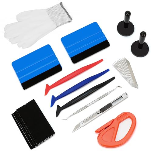Complete Vinyl Wrap Application Tools Kit Auto Window Tint Film Tool Kit Include Felt Squeegee, Fabric Felts, Micro Squeegee, Vinyl Magnet Holders, Working Gloves, Vinyl Knife, Utility Knife Blades