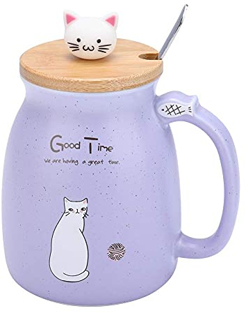 Lovely Cat Ceramic Cup with Spoon and Lid Coffee Water Milk Mug for Drinkware Girls Boys Gift 1Pc (Purple)