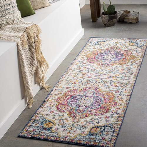 Livabliss Rabat Vintage Rug - Runner Rugs Living Room 80x230 cm, Hallway, Kitchen Area - Traditional Multicoloured Boho Style, Easy Care - Bohemian Large Rug, Fuchsia, Orange and Blue