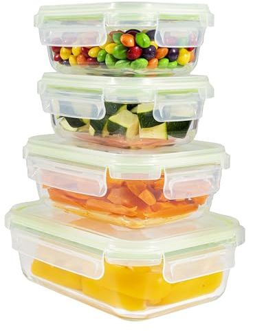 Home Fleek Contenitori In Vetro Per Alimenti Con Coperchio - Impilabili Meal Prep Contenitori Ermetici Per Alimenti Vetro, Adatti Microonde E Congelatore Contenitori Cibo Ventro (Set di 4, Verde)