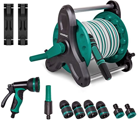 VONRIC Komplett-Set Wandschlauchtrommel – 15 m langer Gartenschlauch – 1 Bewässerungspistole, 2 verschiedene Bewässerungsdüsen, Schlauchanschluss und Wasserhahnanschluss inklusive