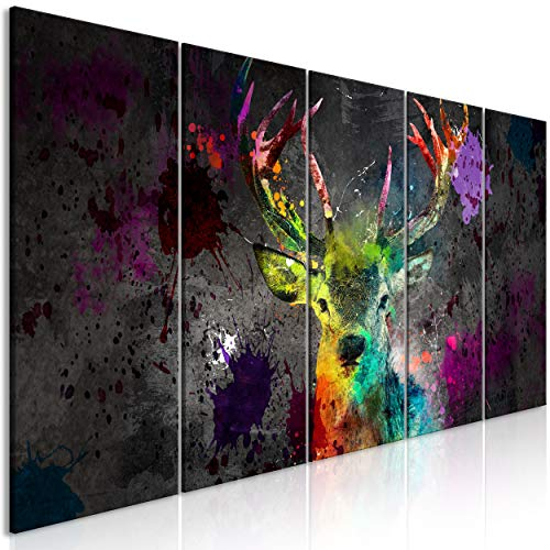 decomonkey Bilder Abstrakt Hirsch 200x80 cm 5 Teilig Leinwandbilder Bild auf Leinwand Wandbild Kunstdruck Wanddeko Wand Wohnzimmer Wanddekoration Deko Bunt Tiere