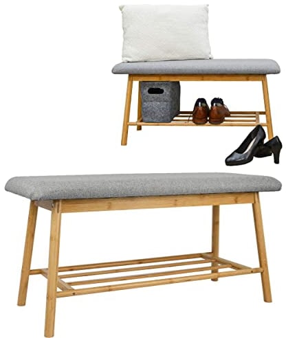 DuneDesign Nordic Sitzbank mit Schuhregal - 90x34x44 Bambus Schuhbank Holz Bank für Flur Garderobe