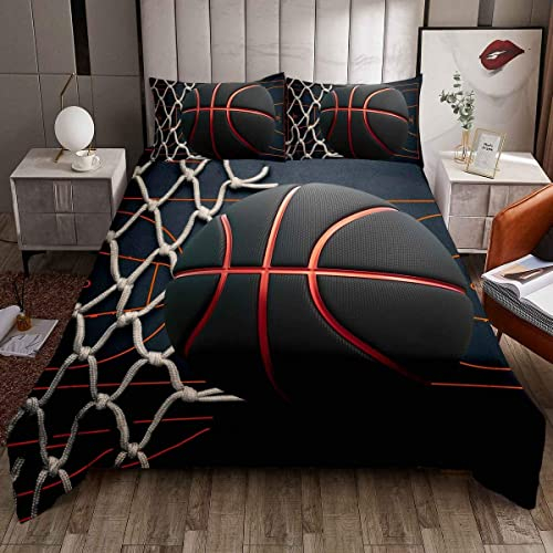 Loussiesd Jungen Basketball Bettwäsche Set Sport Thema Bettbezug Kinder Teens Ballspiele Bettwäsche Set 135x200cm Geometrische Streifen Orange Schwarz Bettbezug Schlafzimmer Dekor