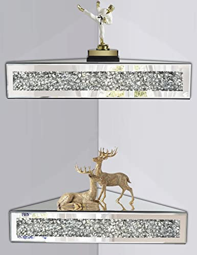 Verspiegeltes schwebendes Eckregal, silberfarbener Spiegel, zerkleinerter Diamant, dekoratives Wandregal für Heimdekoration, Kristall-Diamant-Wandkunst, Deko, Akzentstück, Vitrine, 30 cm L x 29 cm B x
