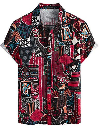 LucMatton Men's Linen African Traditional Floral Print Short Sleeve Button Down Hawaiian Shirts Red Small