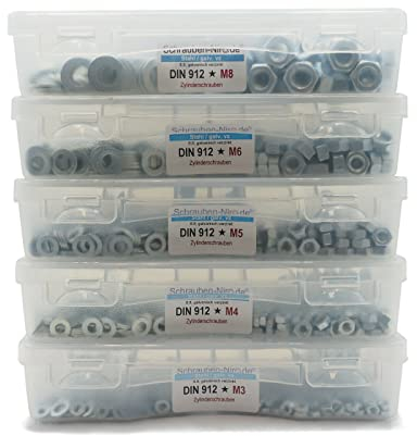 Sortiment DIN 912 Stahl 8.8 galvanisch verzinkt Schrauben Durchmesser M6 Innensechskant mit Muttern DIN 934, Unterlegscheiben DIN 125