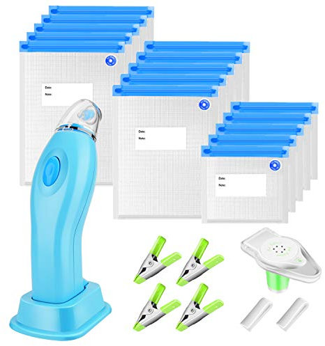 Vakuumiergerät für Lebensmittel, Vakuumiergerät, Set mit 15 wiederverwendbaren Vakuumbeuteln, 6 Klemmen, tragbar, Vakuumiergerät für trockene und feuchte Lebensmittel