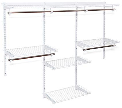 Multigot Adjustable Wardrobe Organiser, Wall-Mounted Metal Garment Rail Rack, Hanging Clothes Storage Shelf System for Bedroom Living Room (White, 4 Hanging Rods + 6 Shelves)