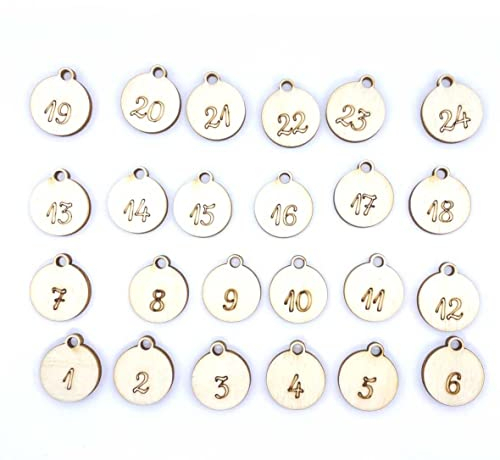 24 Adventskalender Zahlen aus natürlichem Birkensperrholz - Weihnachtskalender Anhänger Nummern zum Basteln (Kugeln)