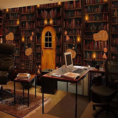 3D Photo Wallpaper Vintage Bookshelf Library Bar Bedroom Living Room Theme Wallpaper 3D Stereoscopic Mural Self-Adhesive Wall Photo Removable Wall Posters Peel and Stick Wall Art 140(W) x70(H) cm
