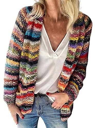 Sawmew Cardigan Arc-en-Ciel pour Femme, Multicolore Rayé Devant Ouvert Automne Hiver Pull Tricoté Oversize Cardigan Couvrir Pull Veste (Color : Red, Size : XL)