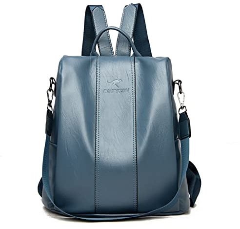 Anti-Diebstahl Leder Rucksack Frauen Vintage Schultertasche Damen Große Kapazität Reise Rucksack Schultaschen Mädchen, Hellblau, 31 * 16 * 30CM