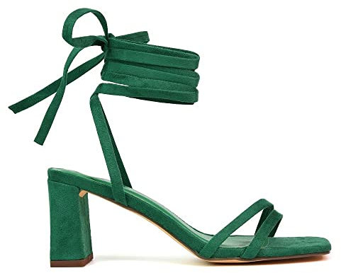 Womens Lace Up Strappy Ankle Strap Sandals Ladies Green Mid High Block Heel Square Toe Shoes Size 3