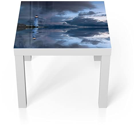 DEQORI Glastisch | weiß klein 55x55 cm | Motiv Leuchtturm im Abendlicht | ausgefallener Beistelltisch aus Glas | Hochglanz Couchtisch fürs Wohnzimmer | moderner Couch Tisch mit Design