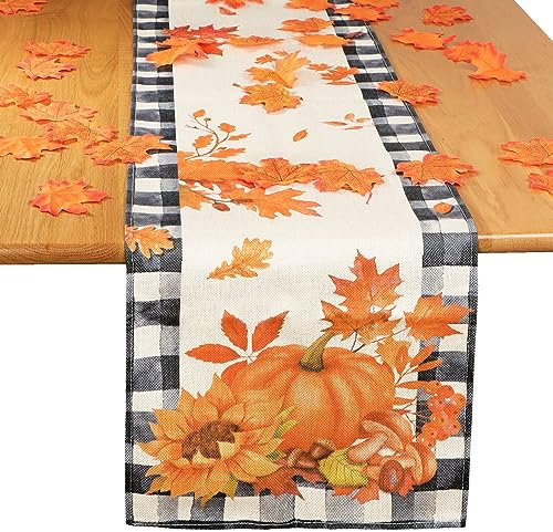 COLOFALLA 180 x 30 cm Tischläufer Herbst Ahornblätter Kürbis Jute 50 Pcs Ahornblätter Herbstdeko Tisch Erntedankfest Herbstlaub Tischdeko Herbst Tischdecke Party Deko für Halloween Hochzeit (Weiß)