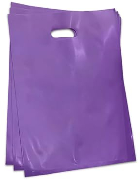 PACKY | 50 Pcs of Purple Plastic Carrier Bags 15” x 18” + 3”| Patch Handle Plastic Bags for Groceries Shopping, Supermarkets, Gifts and Retail Purpose.