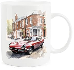 Purely Home Classic Sports Car Mug - Vintage Red Jaguar 60s Car Lover Gift Present - Tea Coffee White Bone China Mug