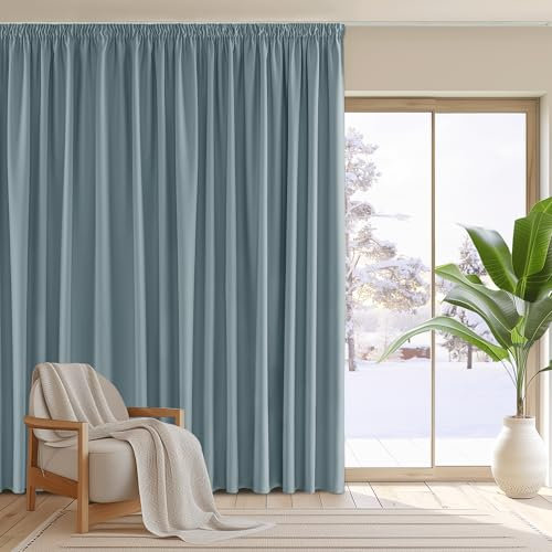 PONY DANCE Thermogardine gegen Hitze Verdunkelungsvorhang für Schiene 1er Set H 245 x B 300 cm Extra Breite Vorhänge mit Kräuselband Wohnzimmer Gardinen Blickdicht, Graublau