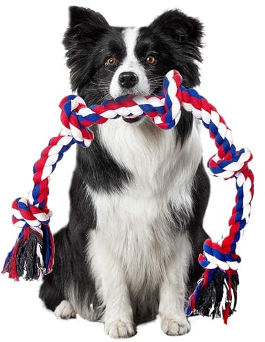 Hundespielzeug Knoten Tau, Hundespielzeug Unzerstörbar, Kauspielzeug Hund, Hundespielzeug Große Hunde, Hundespielzeug Große Hunde für Zähne Reinigung, 100% Baumwolle 95cm mit 5 Knoten