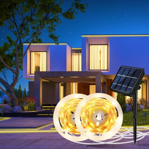 Aitesuo Solar LED Strip 10m, 2x5m Warmweiß 2700K Solarbetriebene LED Streifen Außen, 360 LEDs, 8 Modi, Schneidbar, IP65 Wasserdicht, LED Band Selbstklebend für Hochzeit, Garten, Terrasse, Haus Deko