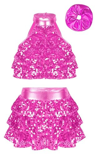 Freebily Mädchen Tanzkleid Glänzend Pailletten Ballett Trikot Lateinischer Rumba Samba Ballsaal Gymnastik Kleid Party Karneval Performance Tanz Kostüm C_Hotpink&Haargummi 122-128