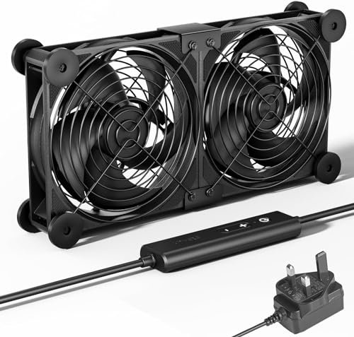 upHere gaming 2 x 120mm Dual Ball Bearing PC Fan, Powerful DC 12V Cooling with AC 220V 240V Plug, 5 Adjustable Speeds for Server Rooms, Modems, PC Cabinets, U2DC2