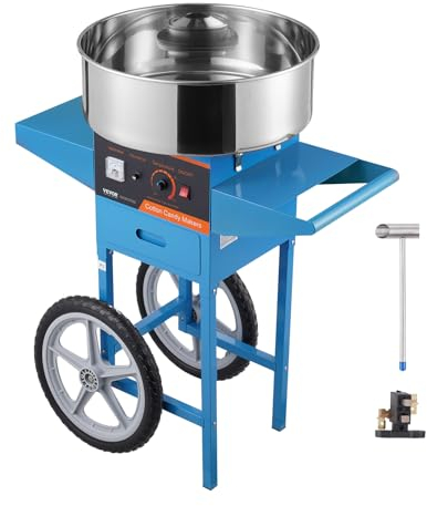 VEVOR Machine à barbe à papa électrique avec chariot, 1000 W, appareil à sucre commercial avec bol en acier inox et cuillère à sucre, parfaite pour maison, anniversaire d'enfant, fête de famille, bleu