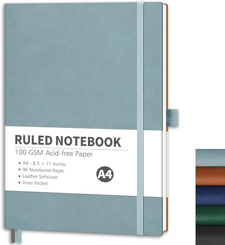 RETTACY Notizbuch Liniert A4, Leichtes Journal Tagebuch mit 96 nummerierten Seiten,100gsm Notizbücher, Innentasche, Softcover für Büro Schule Arbeit Frauen Männer, 21.5 x 27.9cm - Graublau