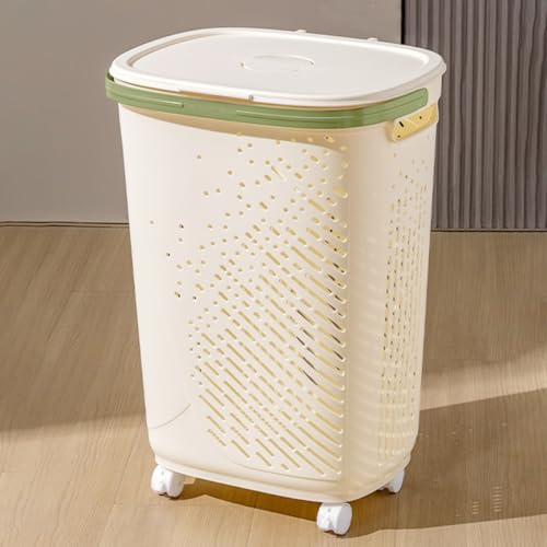 Wäschekorb Plastik Wäschesammler Mit Rollen Und Deckel Wäschewagen Schmal Wäschekorb Für Schlafzimmer Mit 2 Hängenden Körben, Schmale Ecke Kleideraufbewahrungskästen(/Beige,62 cm)