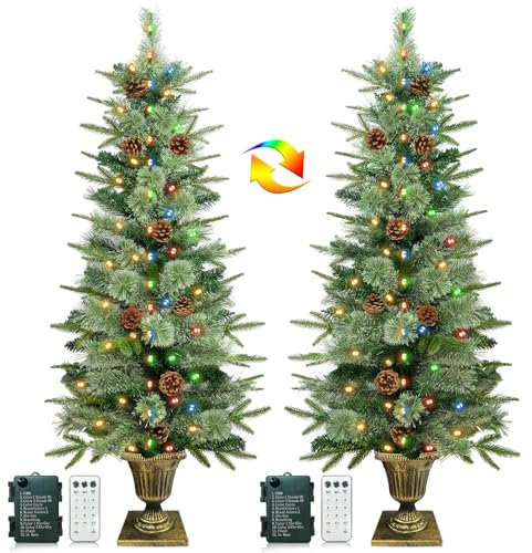 2 Pack de 4 pies de Entrada de Navidad árbol PE en Base de Olla de Oro, Abeto Douglas Potted Navidad Realistic-Feel Tree con 80 Luces Blancas y de Colores, Temporizador, 12 Modos batería alimentada